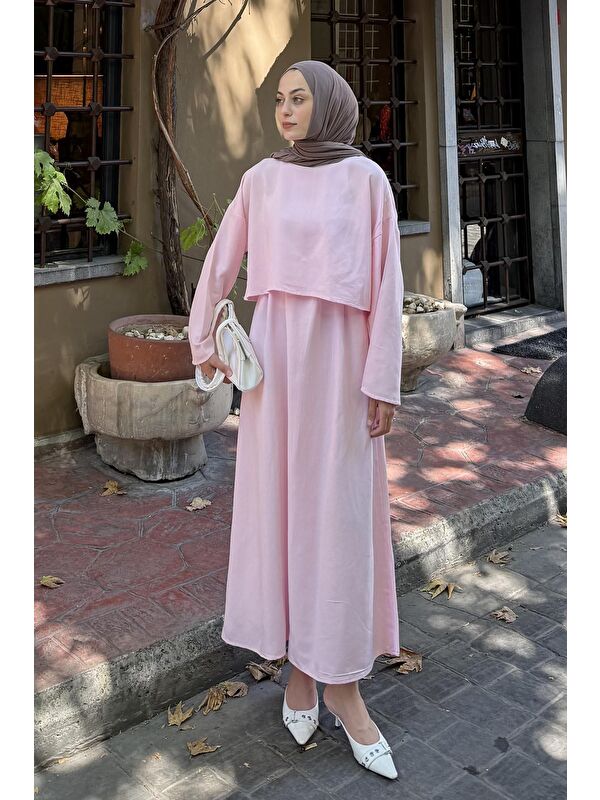 Lamelif Etekli Tesettür Takım Pembe