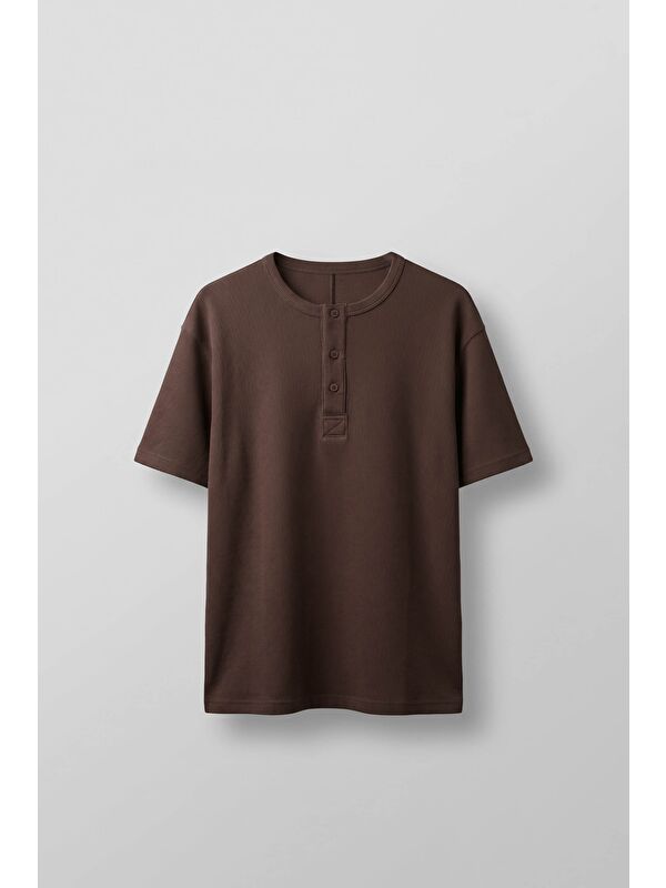 Abluka Online Erkek Relaxed Fit Fitilli Örme Düğmeli Yaka T-Shirt Kahverengi