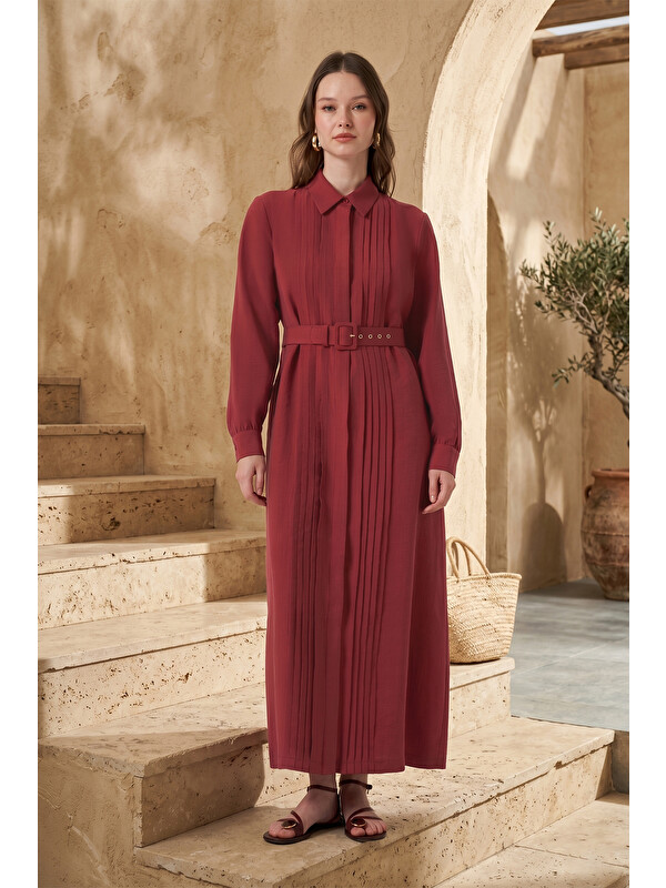 Nuss Seyyar Kemerli Pile Detay Elbise 2050 Red Plum