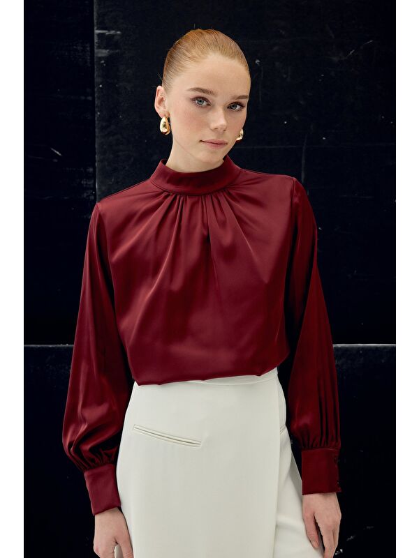 SATEEN Yaka Detaylı Saten Bluz - Bordo