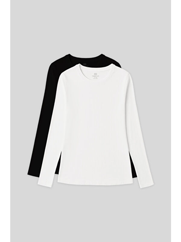 Tommylife Standart Fit Basic O Yaka 2li Paket Siyah-Beyaz Kadın T-Shirt - 97312
