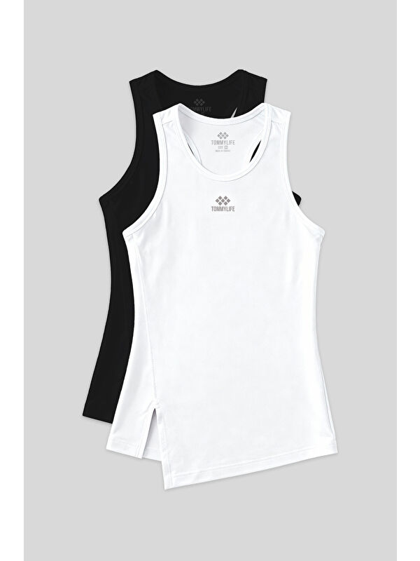 Tommylife Standart Kalıp O Yaka 2li Paket Siyah-Beyaz Kadın Spor Atlet - 97256