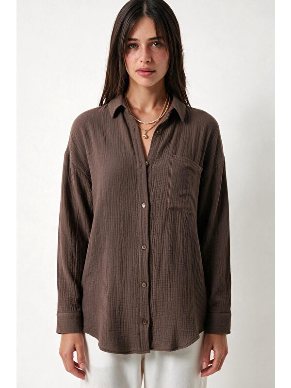 Happiness İstanbul Oversize Basic Müslin Gömlek VİZON LMX0002