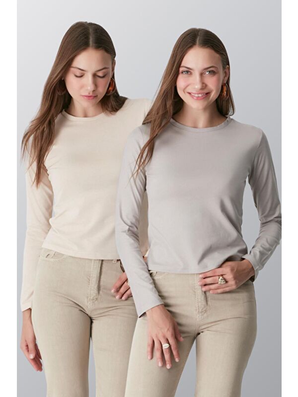 C&City Bisiklet Yaka Uzun Kol 2'Li Basic T-Shirt 955 Gri/Bej