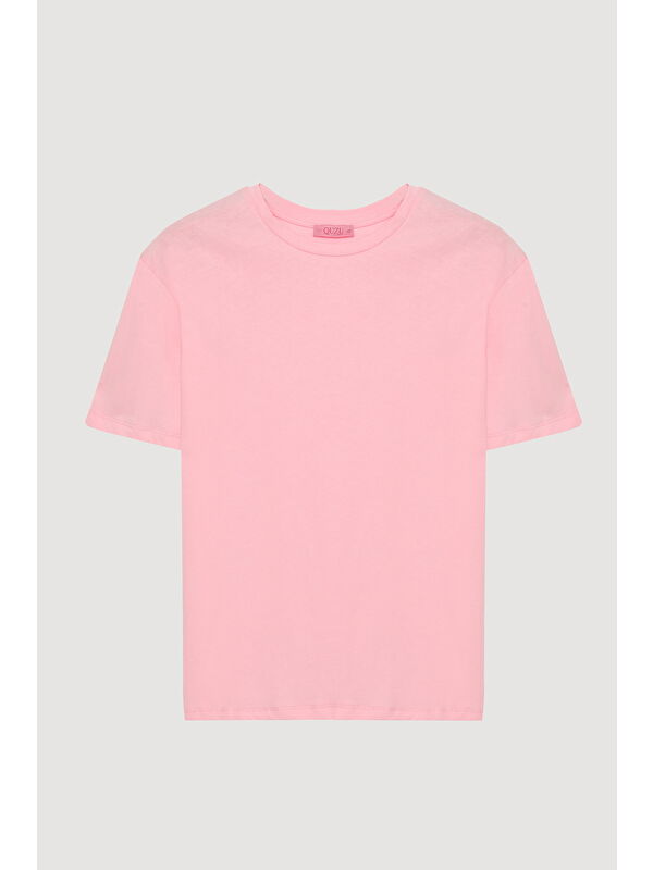 QUZU Bisiklet Yaka Oversize Basic Tişört Pembe
