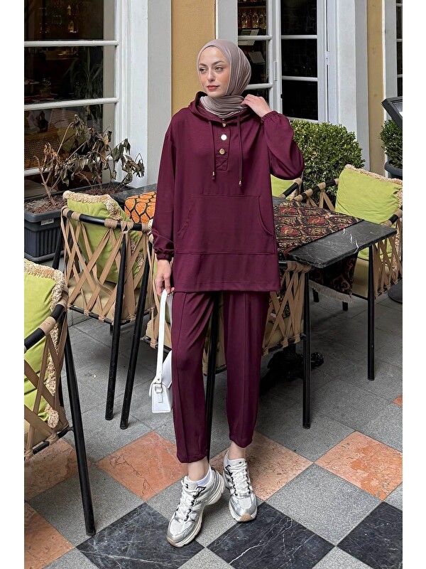 Lamelif Kapüşonlu İkili Takım Bordo