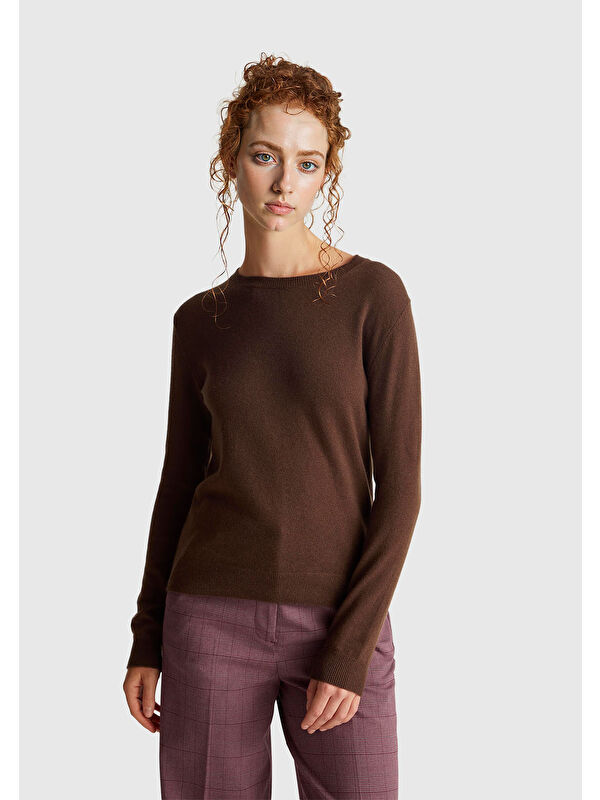 United Colors Of Benetton Kadın Koyu Kahverengi %100 Merino Bisiklet Yaka Kazak