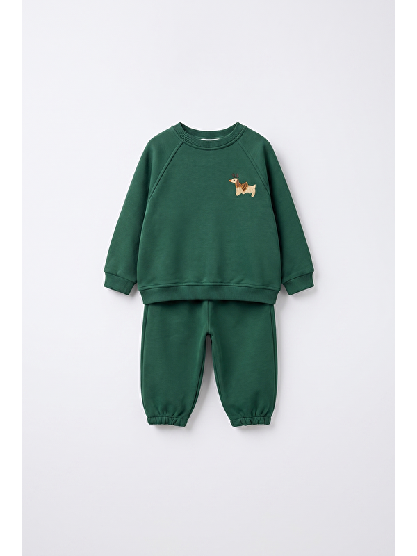 Magu Bebek Pamuklu Köpek Nakışlı Yeşil Sweatshirt Ve Eşofman Altı Takımı