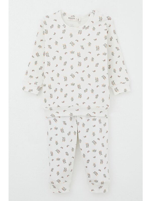 Breeze Kız Bebek Pijama Takımı Omuzdan Patlı Çiçek Desenli Ekru (4 Ay-1 Yaş)