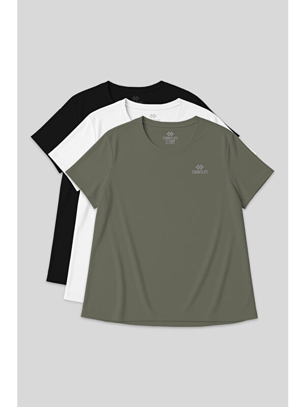 Tommylife Rahat Form 3lü Paket Siyah-Beyaz-Haki Battal Kadın T-Shirt - 97308