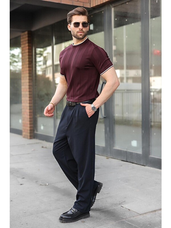 Madmext Mürdüm Bisiklet Yaka Regular Fit Triko Erkek Tişört E7487