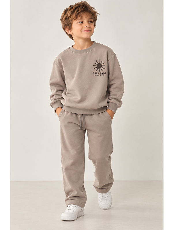 Luess Erkek Çocuk Sweatshirt Pantolon Eşofman Takımı 3 İplik Şardonsuz - Vizon