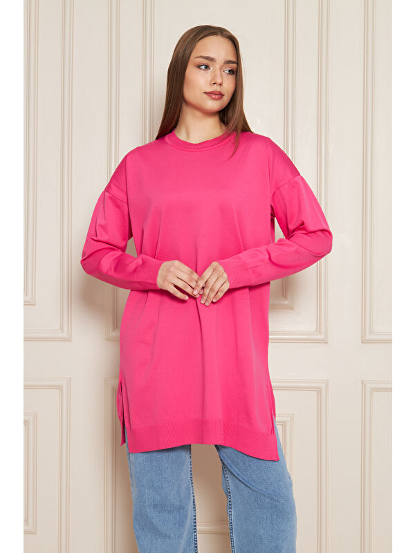 Comstar Kadın Bisiklet Yaka Yırtmaçlı Oversize Pembe Triko Kazak