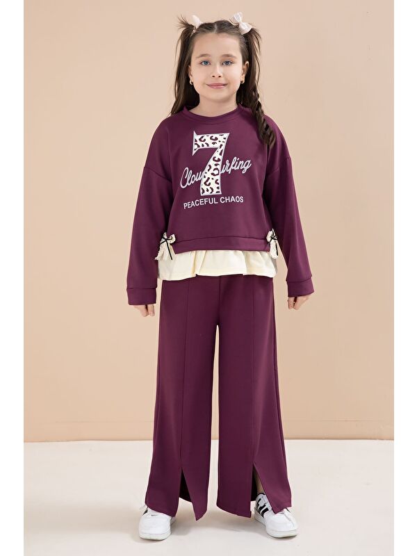 Cansın Mini Bordo Yırtmaçlı Pantolonlu Fiyonklu Yazılı Badili Kız Çocuk 2li Takım 23597