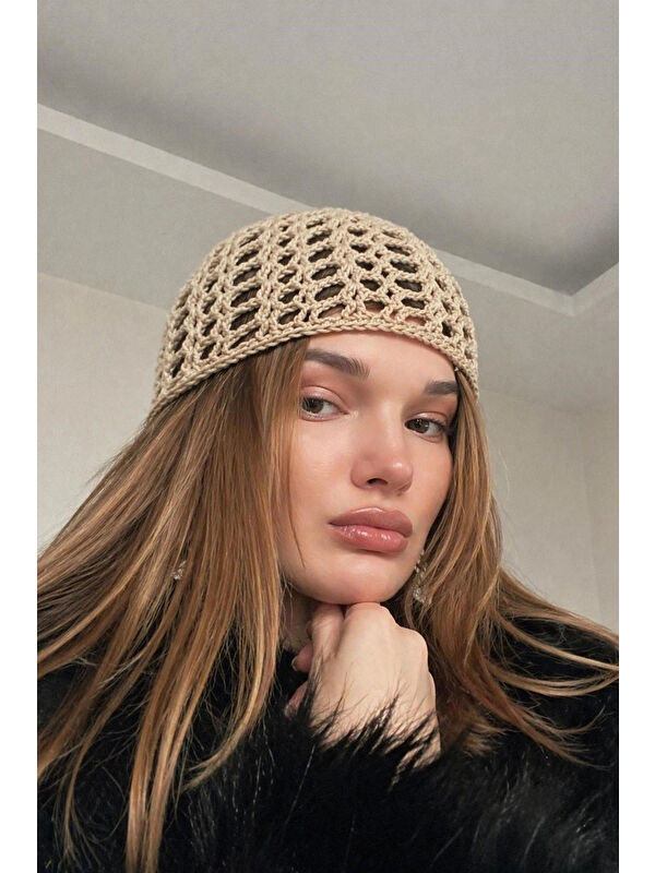 eka Kadın Bej El Yapımı Örgü Bandana Bere 842026