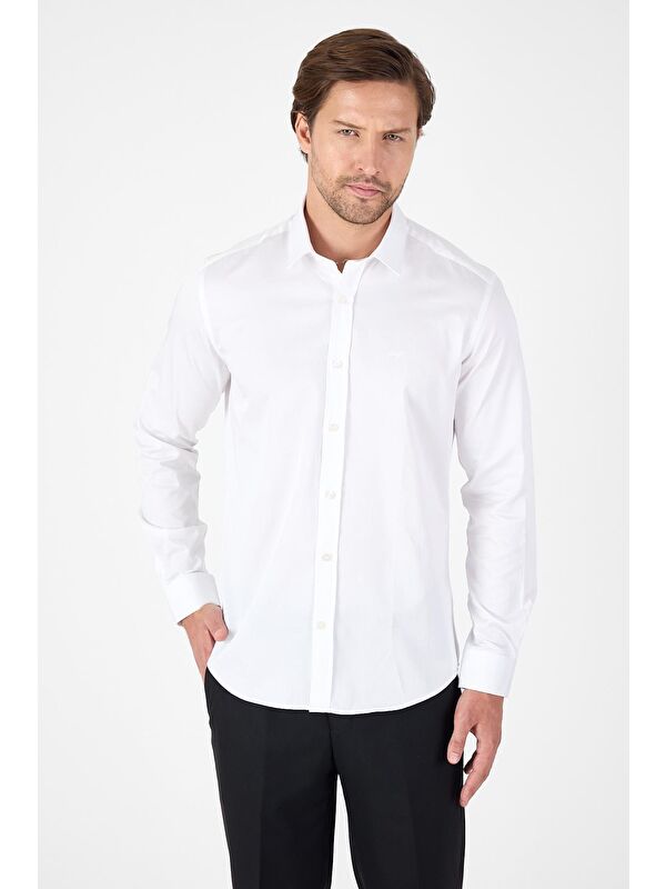 İMZA Beyaz Sert Yaka Düz Classic %100 Pamuk Slim Fit Gömlek 1004250324