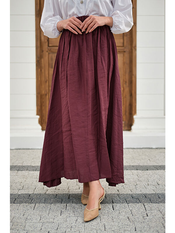 Locco Moda Kadın Beli Lastikli Kırışık Etek Bordo