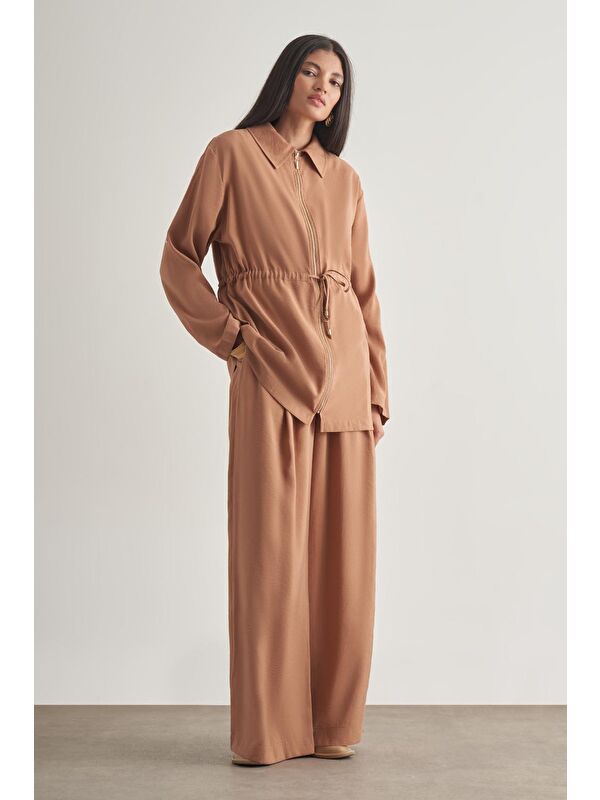 Mizalle Taba Modal Karışımlı Fermuarlı Camel Tunik