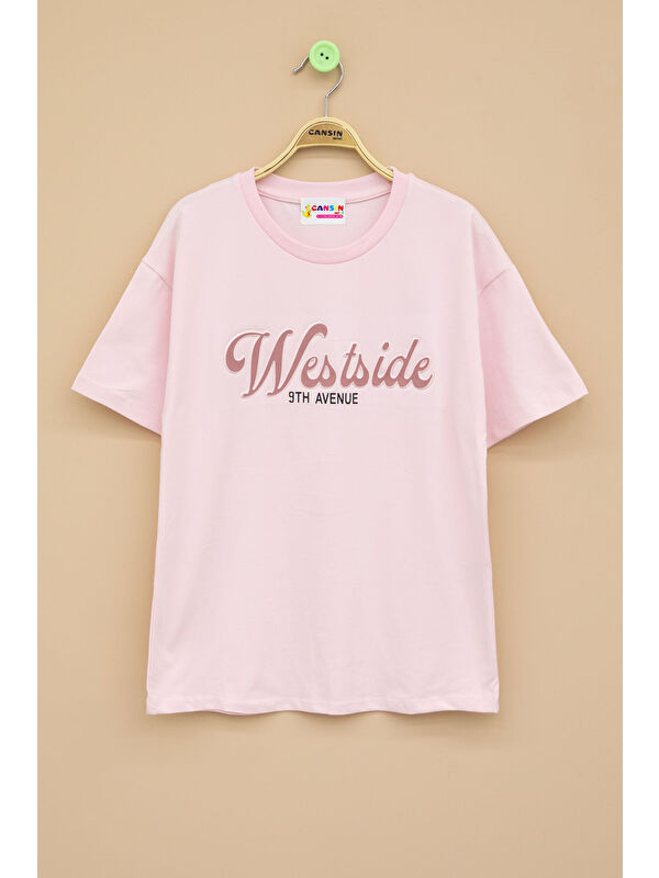 Cansın Mini Pembe West Side Kabartmalı Yazılı Kız Çocuk Bisiklet Yaka Tişört 20973