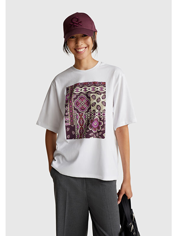 United Colors Of Benetton Kadın Mürdüm Mix Pamuk Karışımlı Baskılı T-Shirt