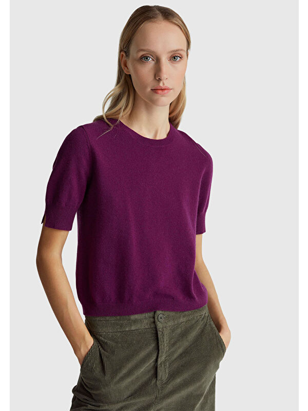 United Colors Of Benetton Kadın Mürdüm %100 Merino Bisiklet Yaka  Kısa Kollu Kazak