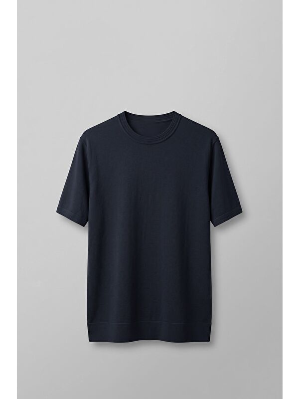 Abluka Online Erkek Slim Fit Bisiklet Yaka Triko Yaka T-Shirt Lacivert
