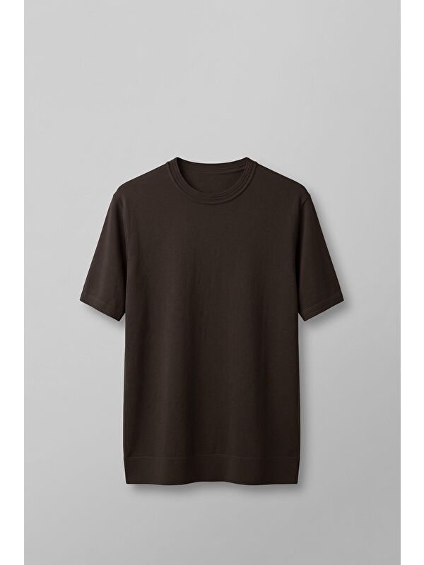Abluka Online Erkek Slim Fit Bisiklet Yaka Triko Yaka T-Shirt Kahverengi