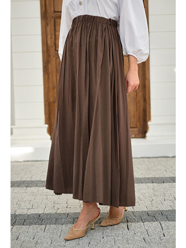 Locco Moda Kadın Beli Lastikli Kırışık Etek Kahverengi