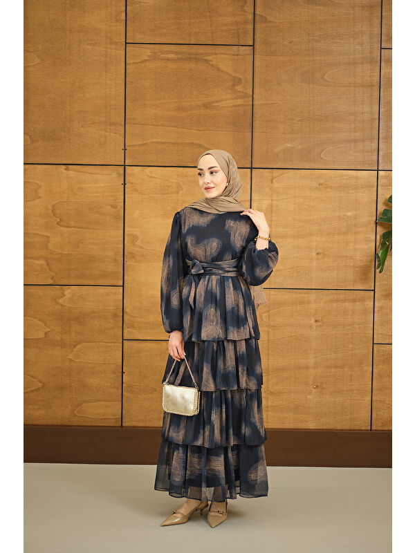 Locco Moda Kadın Kat Kat Dökümlü Şifon Elbise Lacivert