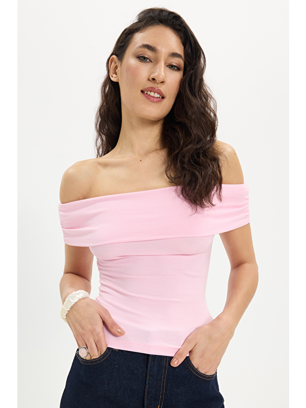 TUDORS Kadın Slim Fit Dar Kesim Pamuklu Kayık Yaka Kısa Kollu Elastanlı Pembe Bluz
