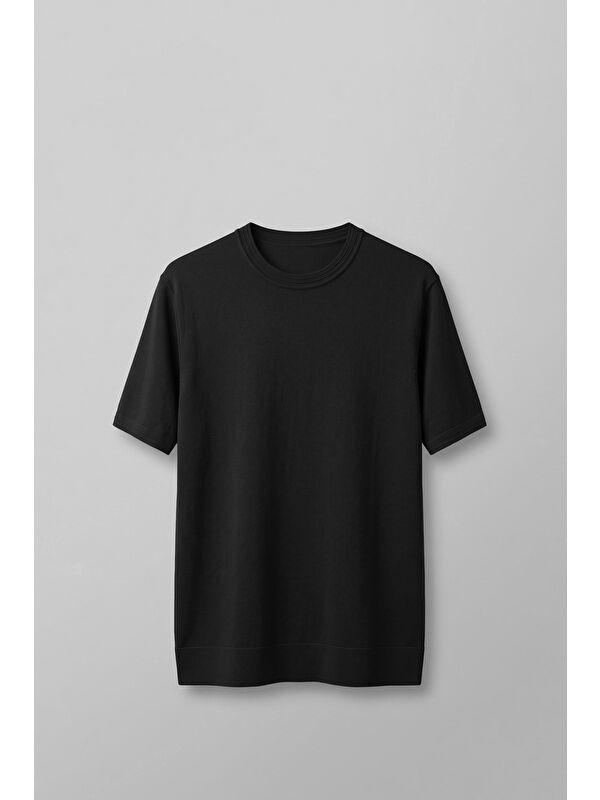 Abluka Online Erkek Slim Fit Bisiklet Yaka Triko Yaka T-Shirt Siyah