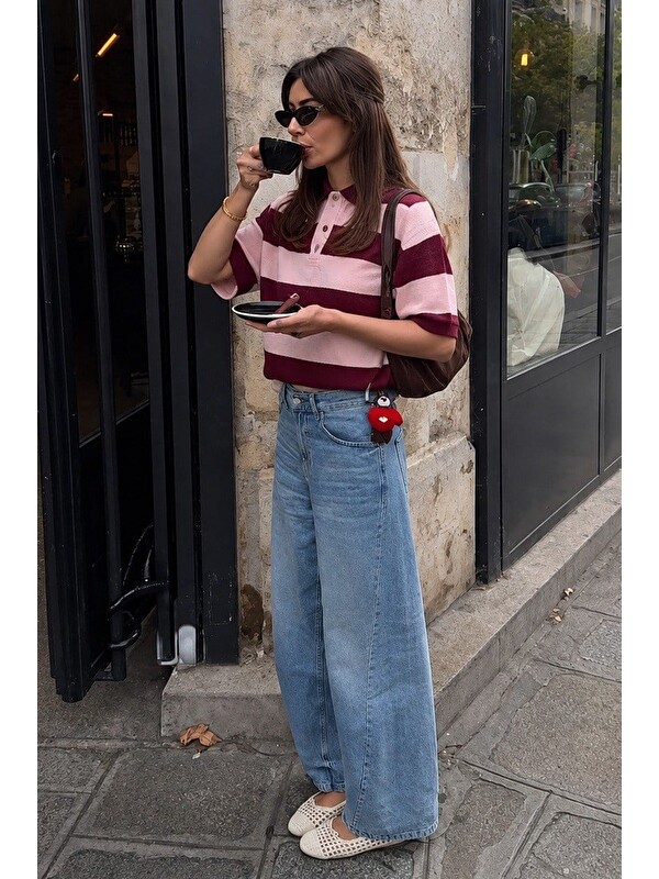 Madmext Bordo Çizgili  Polo Yaka Basic Kadın Tişört Mg2833