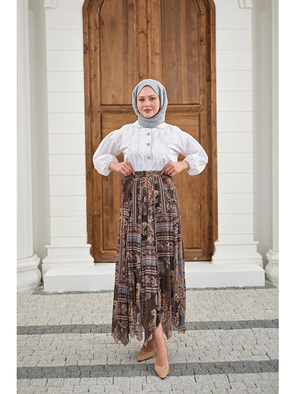 Locco Moda Kadın Etnik Desen Asimetrik Kesim Şifon Etek Gri