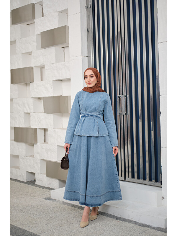 Locco Moda Kadın Önden Yırtmaçlı Beli Kemerli Takım Buz Mavi