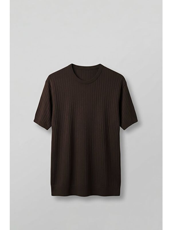 Abluka Online Erkek Regular Fit Fitilli Triko Bisiklet Yaka T-Shirt Kahverengi