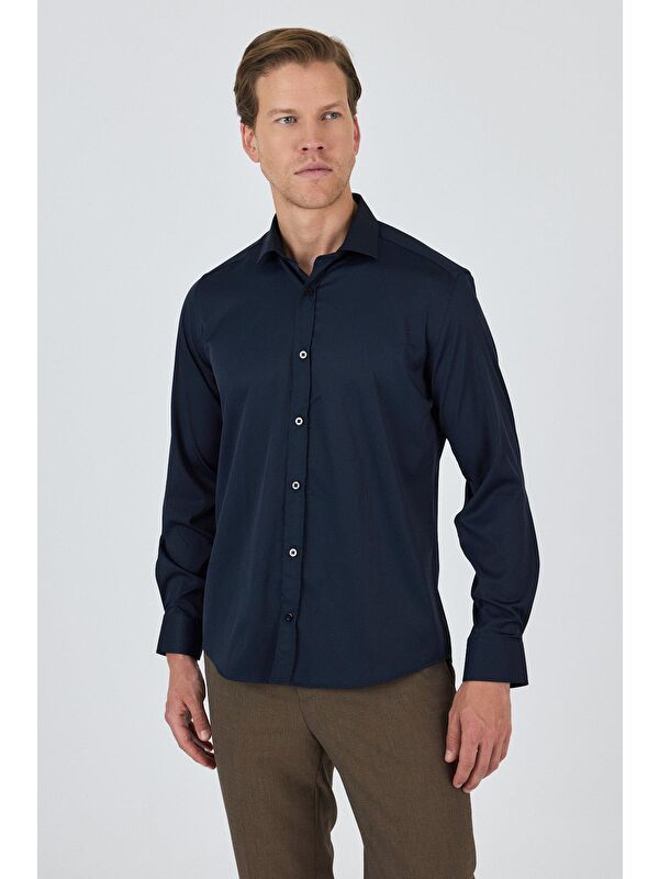İMZA Siyah Yarım İtalyan Yaka Cepsiz Gabardin Uzun Kol Slim Fit Esnek Gömlek 1004250235