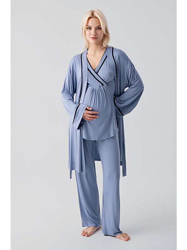Artış Kısa Kollu Emzirme Bölmeli Ayarlanabilir Bel Esnek Elastanlı Viskoz Soft Hamile Pijama Takım 19317