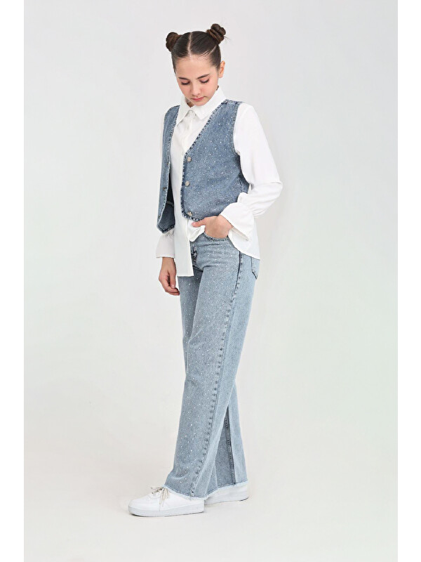 Modanino Kız Çocuk Taş Süslemeli 3'lü Jean Takım 5-15 Yaş 12495
