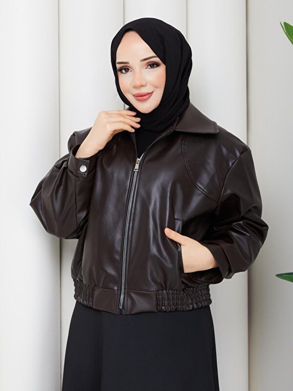 Comstar Kadın Trend Premium Mevsimlik Bomber Kahve Deri Ceket