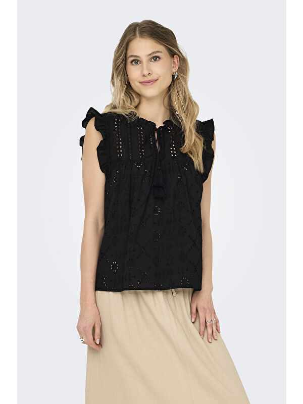 Only Onlreva Ajurlu % 100 Pamuk Regular Fit Bağlamalı Yaka Kadın Bluz 15218460