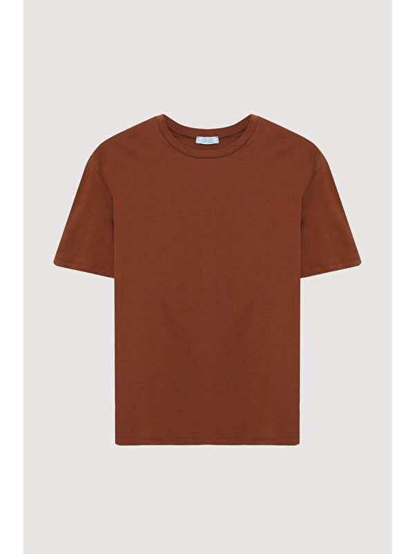 QUZU Bisiklet Yaka Oversize Basic Tişört Kahverengi