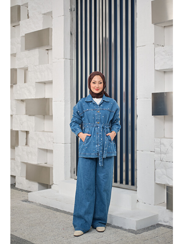 Locco Moda Kadın Taş Detaylı Jean Takım Buz Mavi