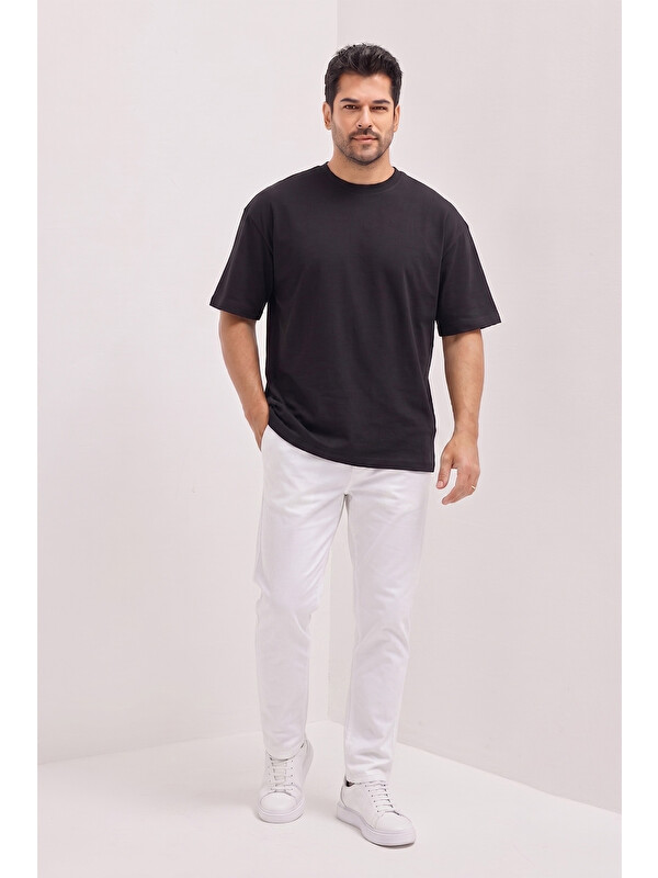 AC&Co / Altınyıldız Classics Erkek Siyah Pamuklu Nefes Alan Terletmez Oversize Fit Rahat Kesim Bisiklet Yaka Tişört