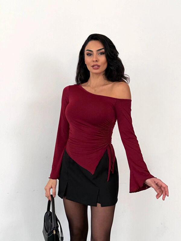 Hazelin Kadın Bordo Asimetrik Kesim İspanyol Kol Beli Büzgülü Sandy Bluz HZL25W-FRY123591