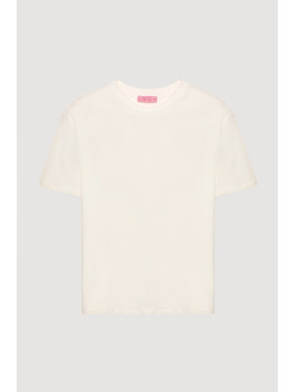 QUZU Bisiklet Yaka Oversize Basic Tişört Ekru