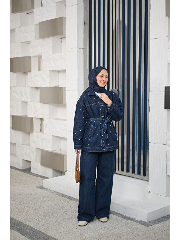 Locco Moda Kadın Taş Detaylı Jean Takım Lacivert