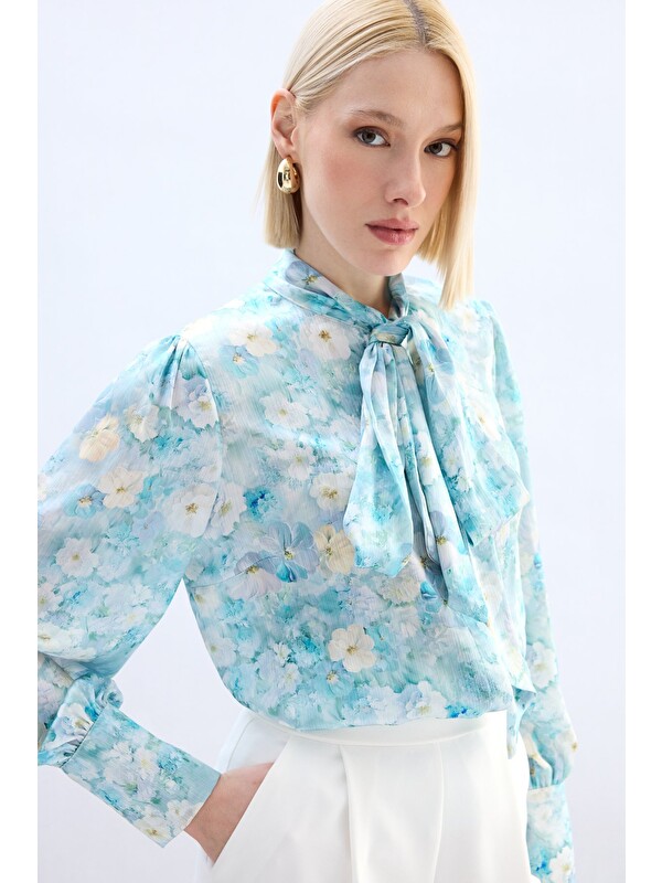 SATEEN Çiçek Desenli Fularlı Gömlek - Mint