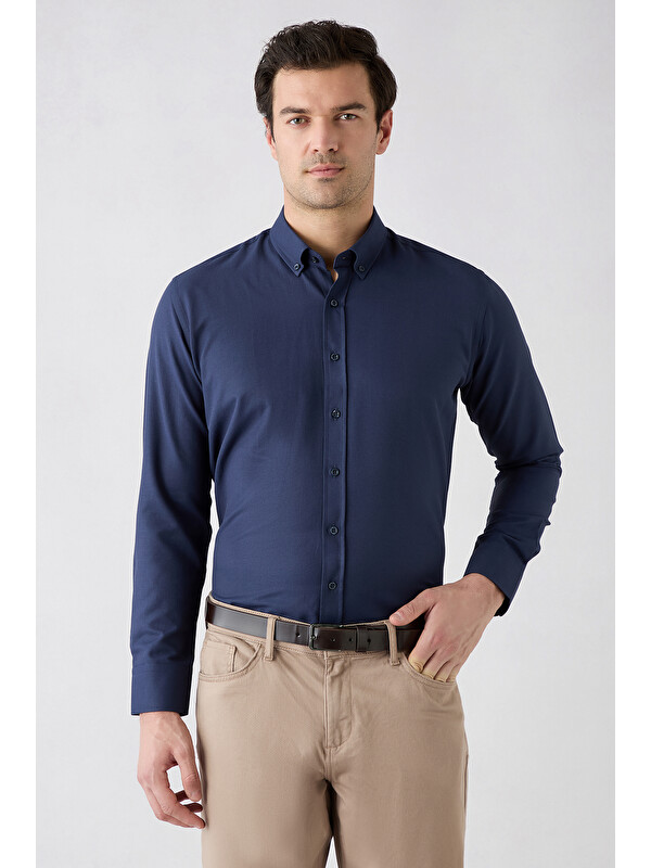 Kiğılı Uzun Kol Slim Fit Düğmeli Yaka Pamuklu Kolay Ütülenebilir 4 Mevsim Oxford Gömlek