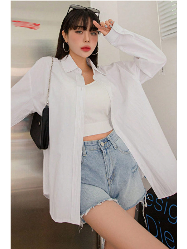 Tarz Cool Oversize Basic Uzun Kollu Gömlek Beyaz