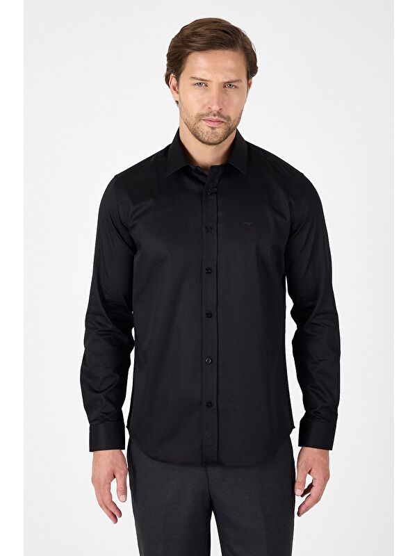 İMZA Siyah Sert Yaka Düz Classic %100 Pamuk Slim Fit Gömlek 1004250324